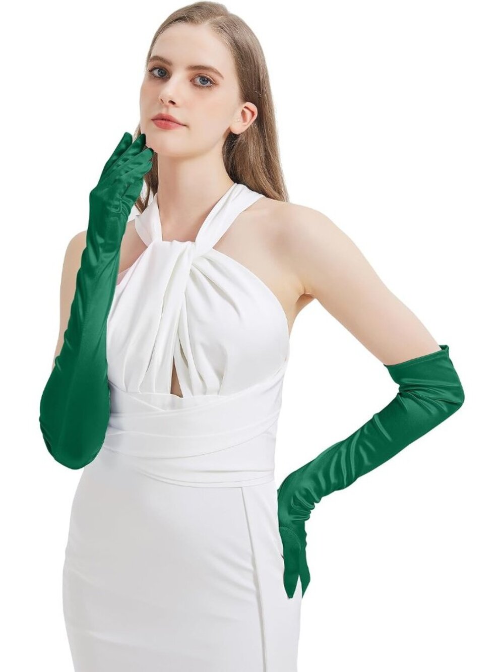 Women's Green Satin Opera Elbow Length 1920s Flapper Long Gloves Party - Picture 6 of 7